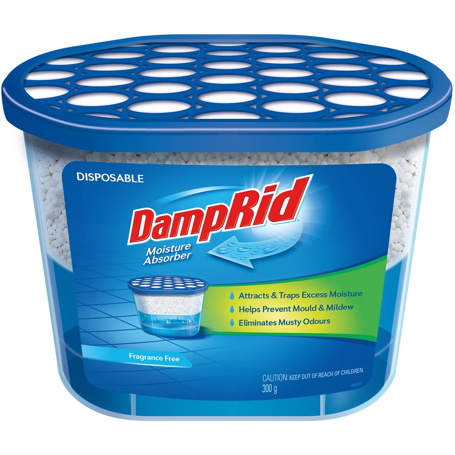 DampRid moisture absorber container with blue lid and label on a white background