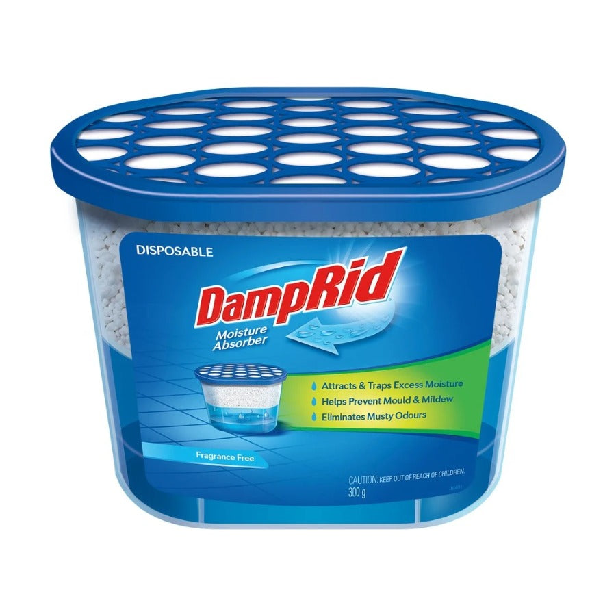 DampRid moisture absorber container with blue lid and label on a white background