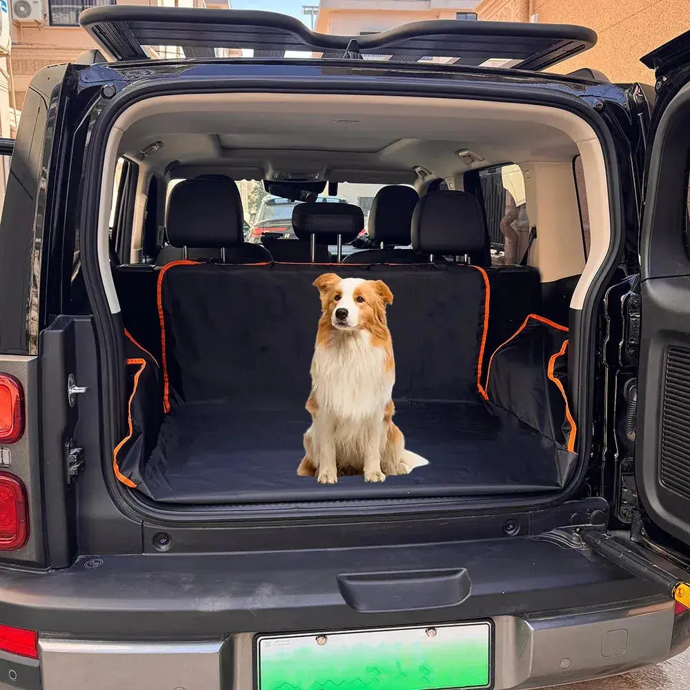Dog sitting in the open trunk of a car with a black mat.