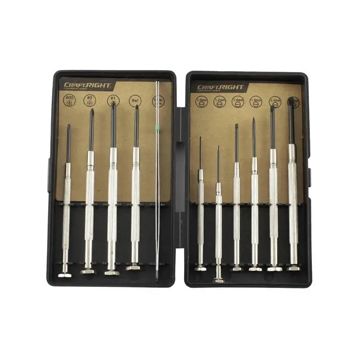 Set of screwdrivers in a black case with 'CraftRight' branding on a white background