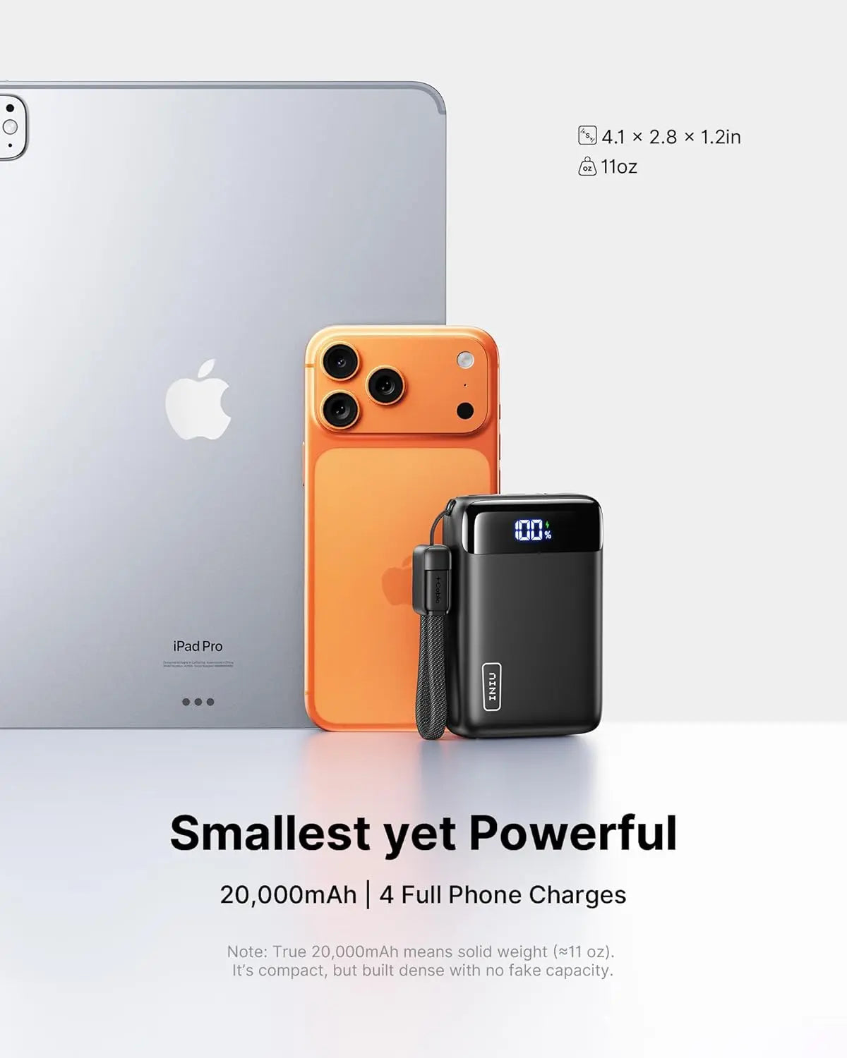 Power bank next to an orange phone and a laptop with text highlighting its features.