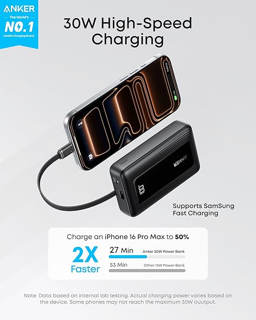 Anker Zolo Power Bank 10,000mAh 30W | Built-In USB-C Cable | Fast Charge AMZ Av8Store