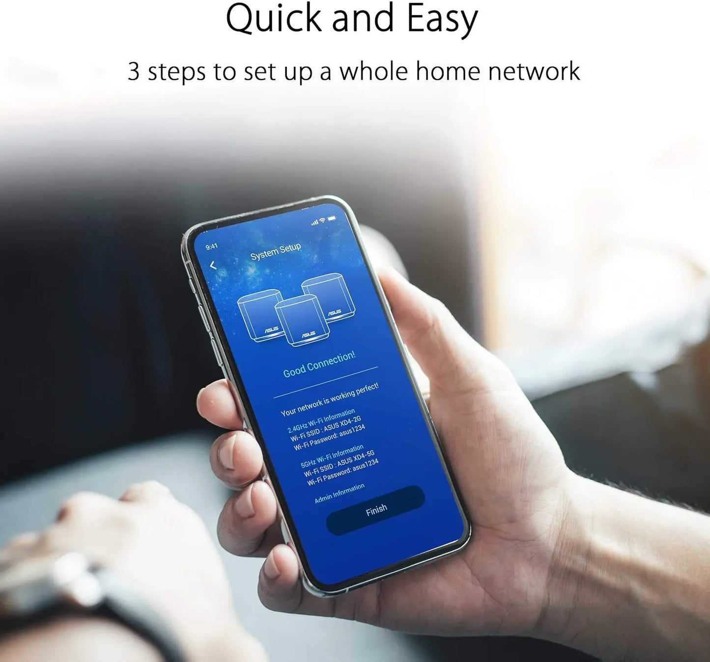 Person holding a smartphone with network setup app on screen, text 'Quick and Easy 3 steps to set up a whole home network' above.