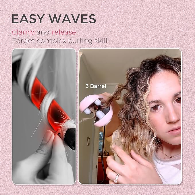 Hair curling tool with text 'Easy Waves' on a pink background