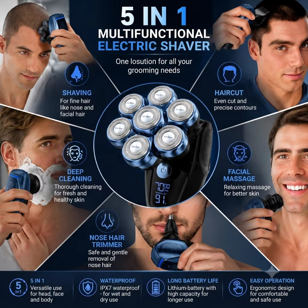 7D Floating 5-in-1 Electric Head Shaver for Bald Men | IPX7, LED, USB-C Fast Charge