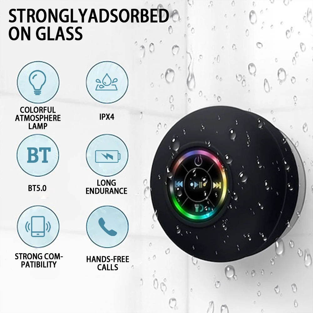 Portable Bluetooth Shower Speaker – IPX4 Waterproof, LED Light, Suction Cup | Wireless Outdoor Speaker