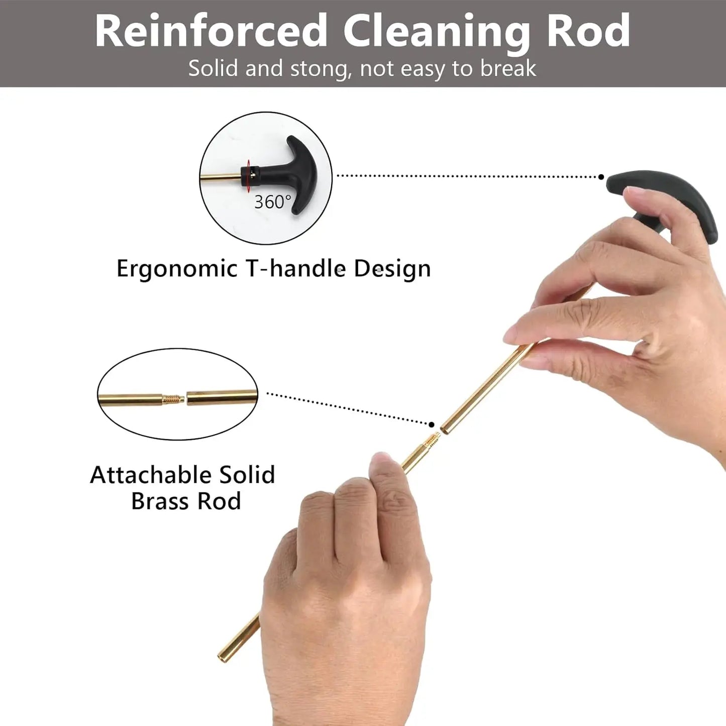 A reinforced cleaning rod shown with two hands demonstrating its use, featuring callout circles highlighting the ergonomic T-handle design and the detachable solid brass rod. The image includes text reading 'Reinforced Cleaning Rod' and descriptive labels on a white background with a gray header.