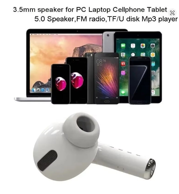 White wireless earbuds with text describing features on a white background