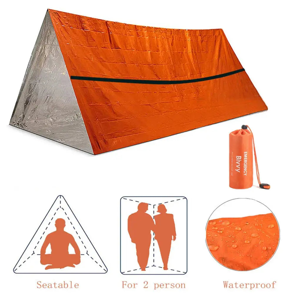 Orange emergency shelter with silver interior, packaging, and illustrations on a white background