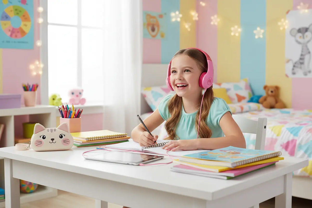 Motorola Kids Wired Over‑Ear Headphones – Pink | In‑Line Mic + 3.5mm Audio Splitter | School headphones KGS