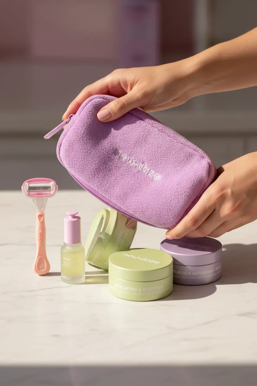 Purple travel pouch with toiletries on a light surface