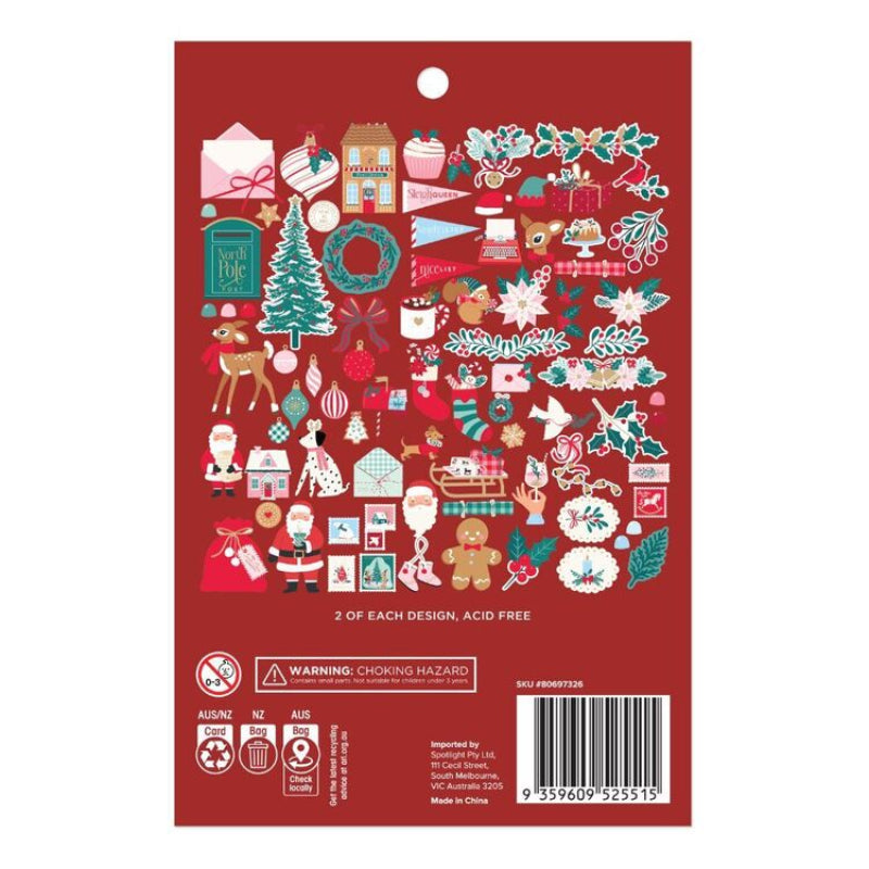 A package of Christmas-themed sticker sheets featuring various festive illustrations such as Santa Claus, gingerbread men, wreaths, ornaments, and holiday houses on a red backing card.