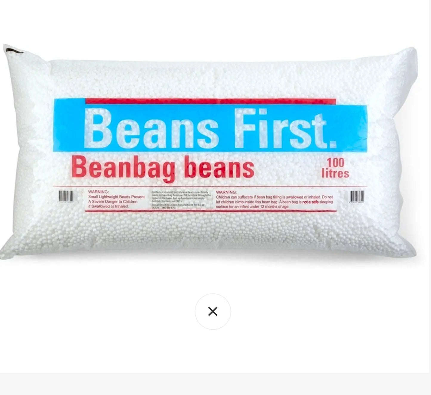 Bag of 'Beans First' beanbag beans with a white background