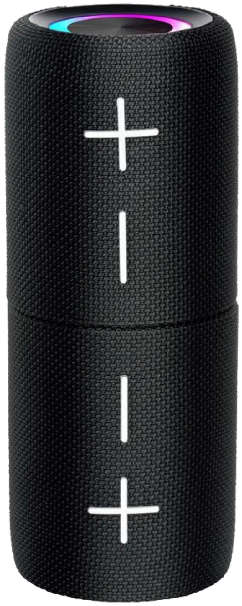 Black portable speaker with visible brand logo on a black background