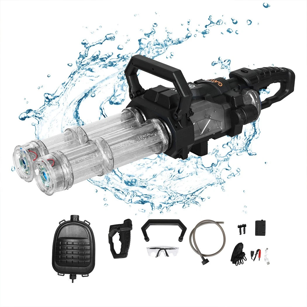 Electric Gatling Water Gun Blaster | Dual Barrel, LED Lights & Backpack Tank | Kids & Adults
