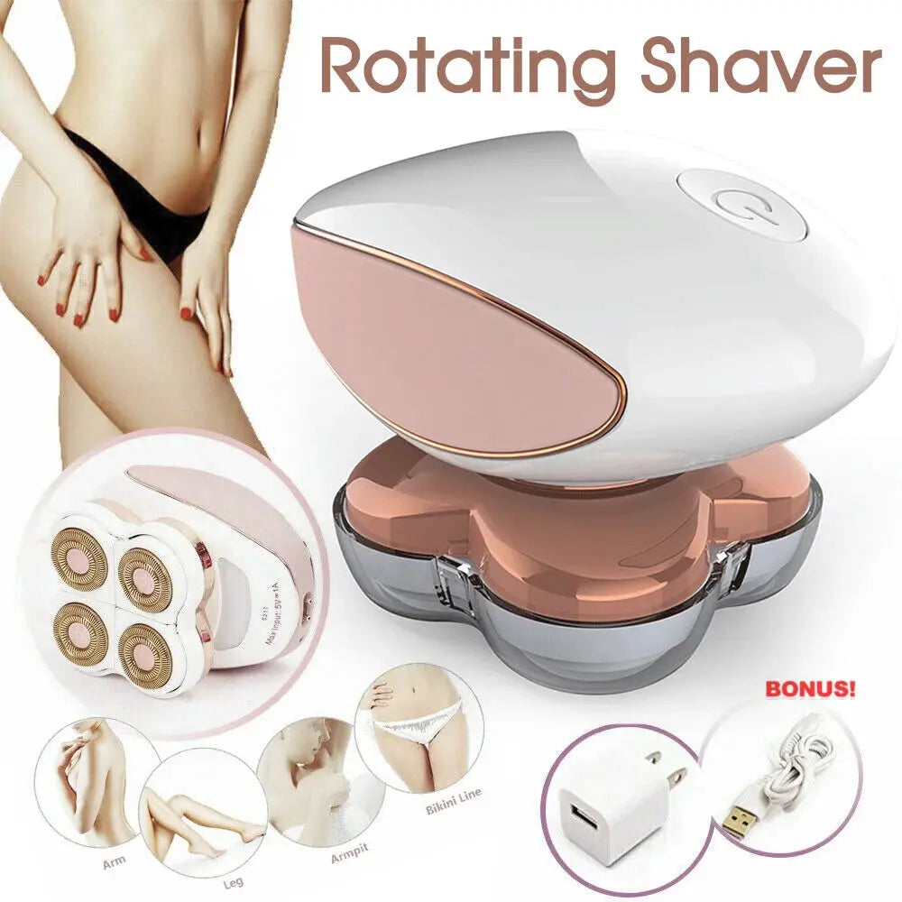 Rotating shaver with additional attachments and benefits on a white background