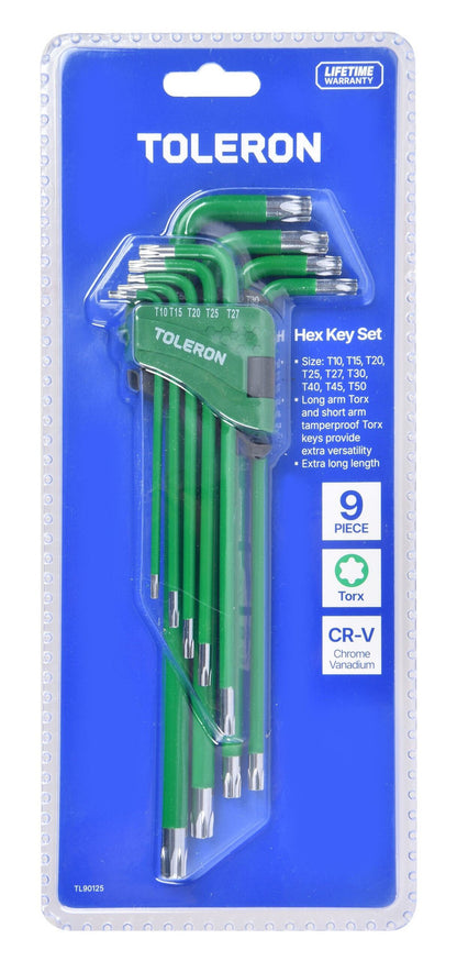 Toleron 9-piece hex key set in green and silver, packaged in a blue blister pack with product details printed on the front.