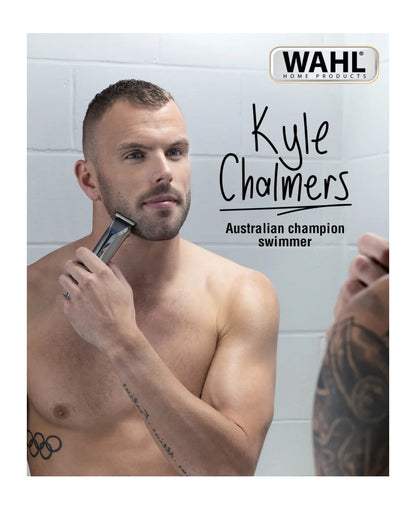 Man shaving with a razor, branded with Wahl and featuring Kyle Chalmers as an Australian champion swimmer.