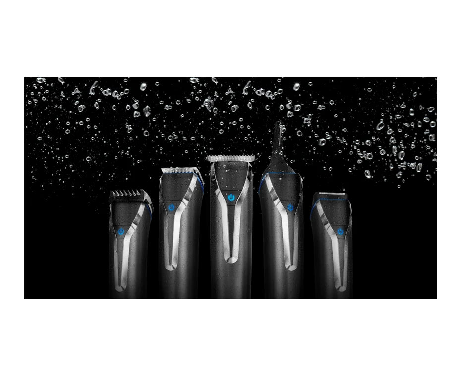 Set of electric shavers on a black background with water droplets