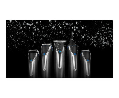 Set of electric shavers on a black background with water droplets
