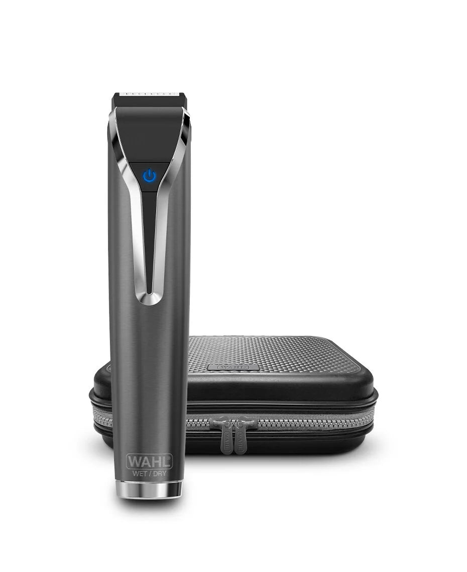Wahl hair trimmer with black case on a white background