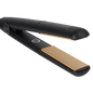 Black and gold hair straightener on a white background