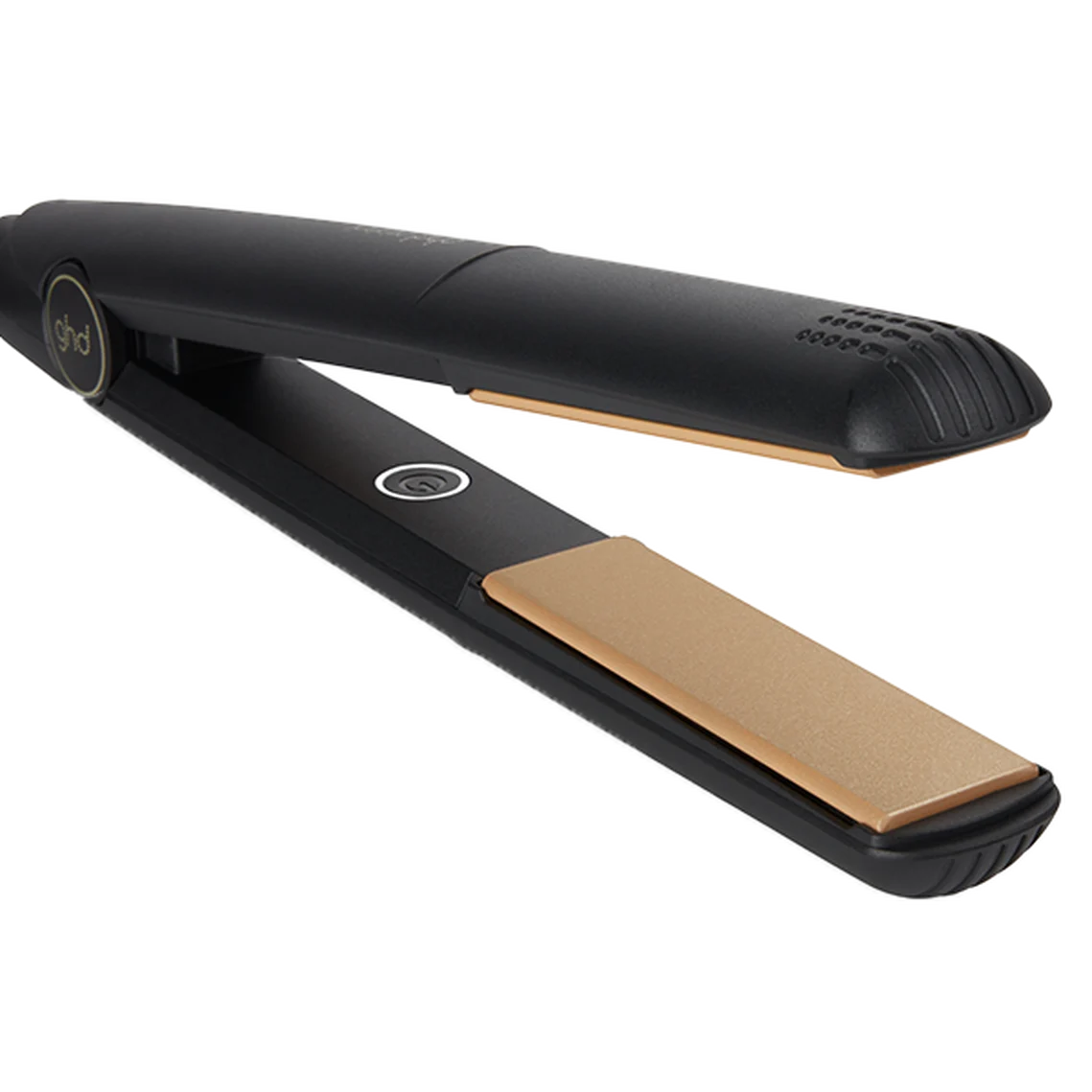 Black and gold GHD hair straightener on a white background