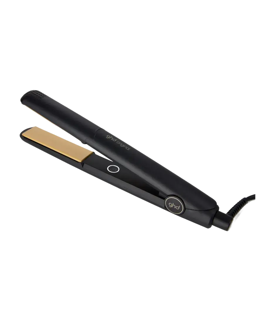 Black hair straightener with gold heating element on a white background