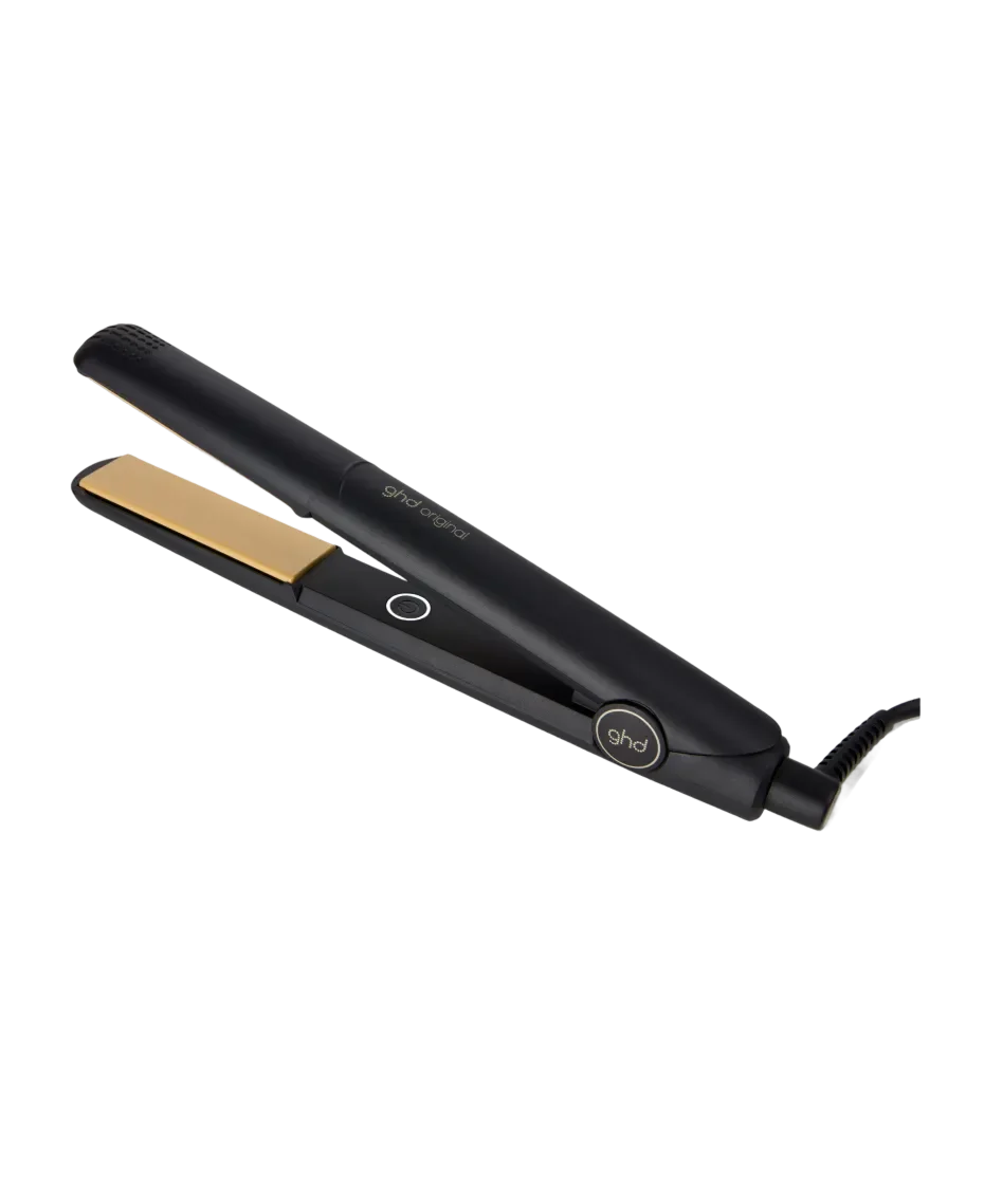 Black GHD hair straightener with gold heating element on a white background