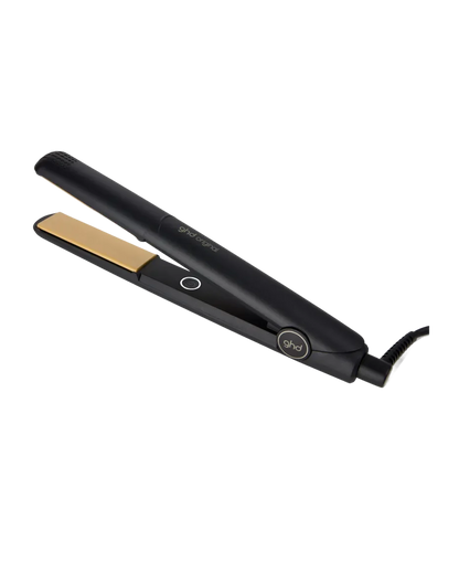 Black GHD hair straightener with gold heating element on a white background
