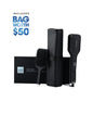 Set of black hairbrushes and straightener with a $50 bag offer on a white background