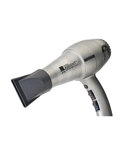 Silver hair dryer with black nozzle on a white background