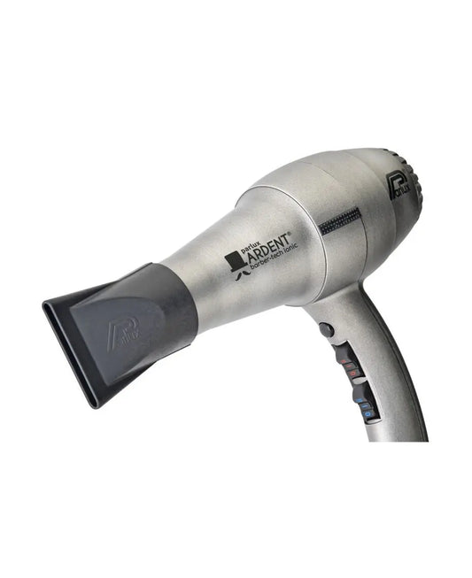 Silver hair dryer with black nozzle on a white background