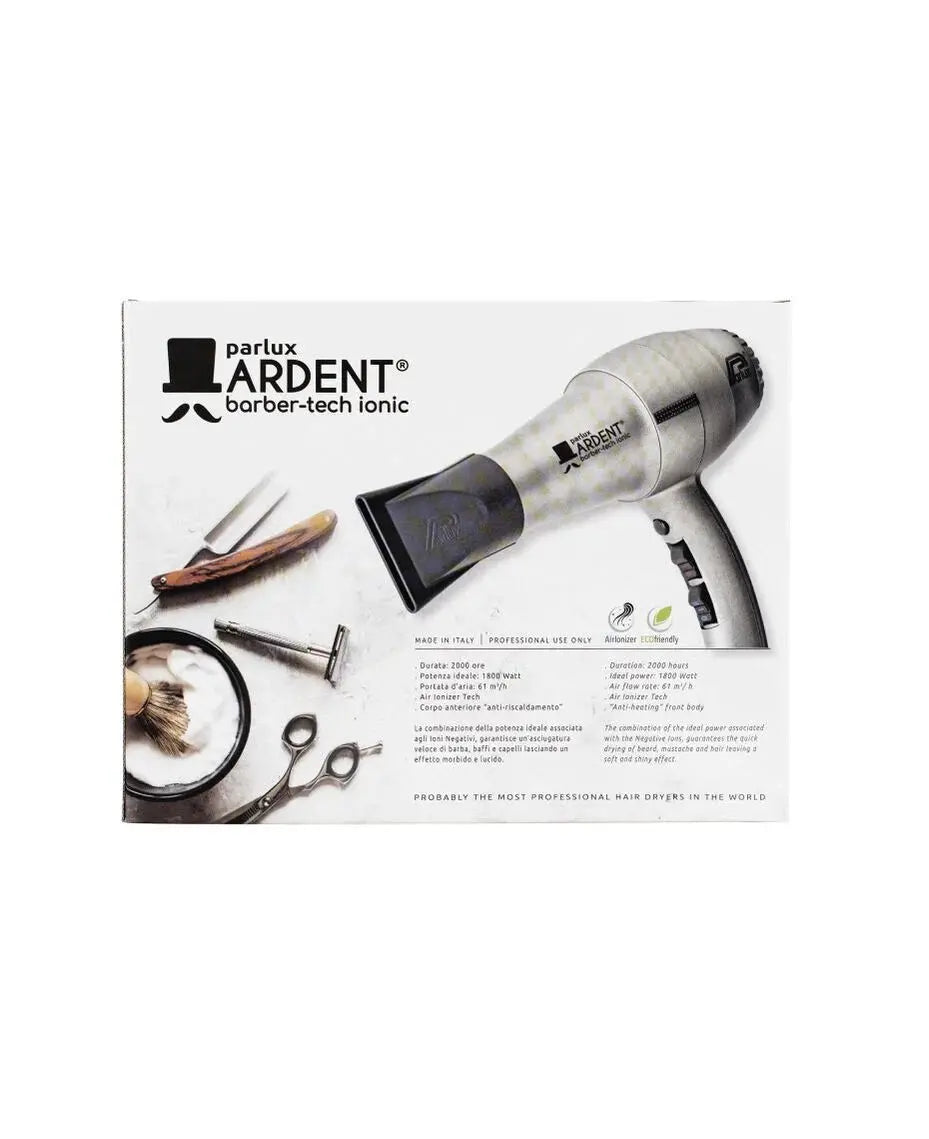 Parlux Ardent Barber-Tech Ionic hair dryer on a white background with branding and product details.