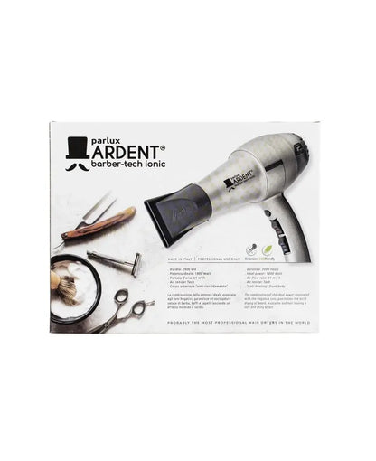 Parlux Ardent Barber-Tech Ionic hair dryer on a white background with branding and product details.