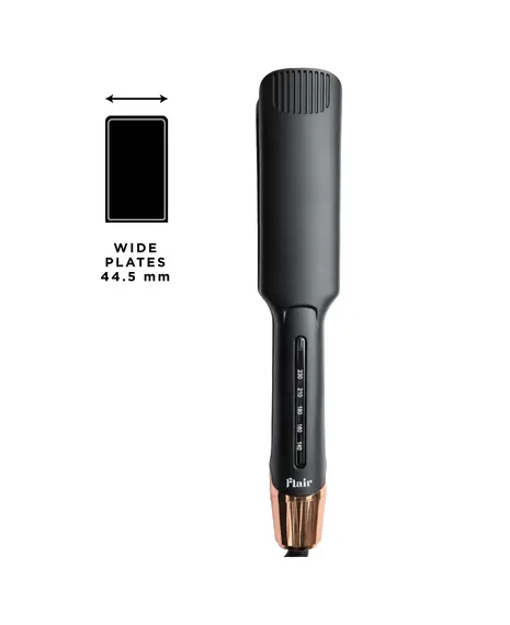 Black hair straightener with wide plates indicator on a white background