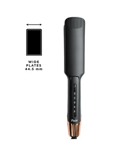 Black hair straightener with wide plates indicator on a white background