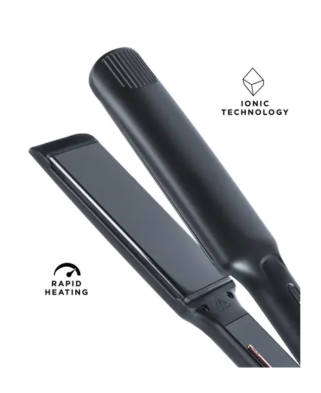 Black hair straightener with 'Ionic Technology' and 'Rapid Heating' labels on a white background