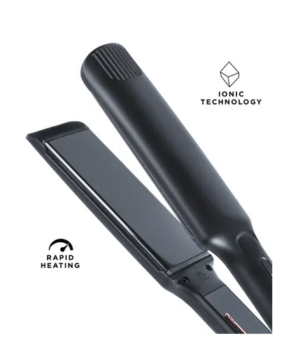 Black hair straightener with 'Ionic Technology' and 'Rapid Heating' labels on a white background
