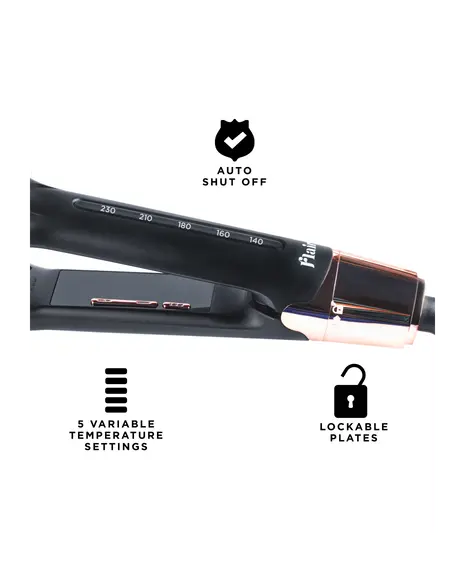 Hair straightener with auto shut off, temperature settings, and lockable plates features on a white background.
