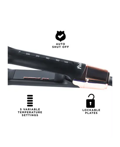 Hair straightener with auto shut off, temperature settings, and lockable plates features on a white background.