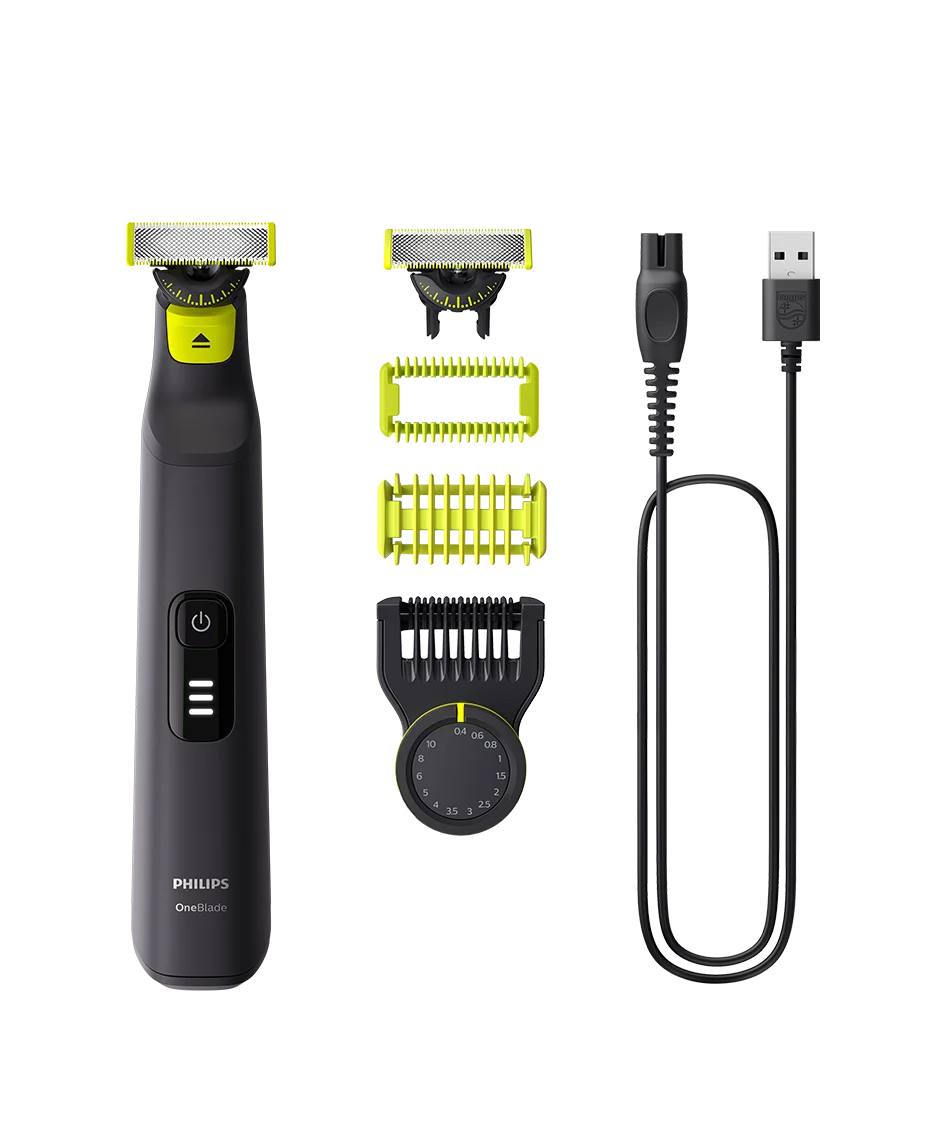 Philips OneBlade 360 grooming kit with trimmer, attachments, and USB cable on a white background