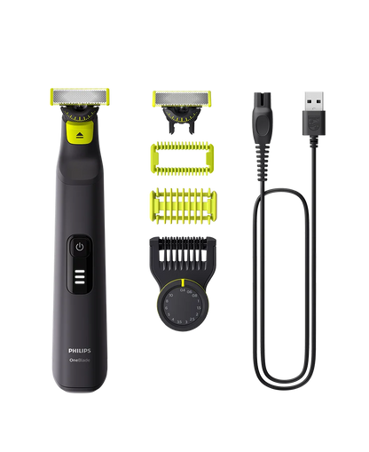 Philips OneBlade 360 grooming kit with trimmer, attachments, and USB cable on a white background