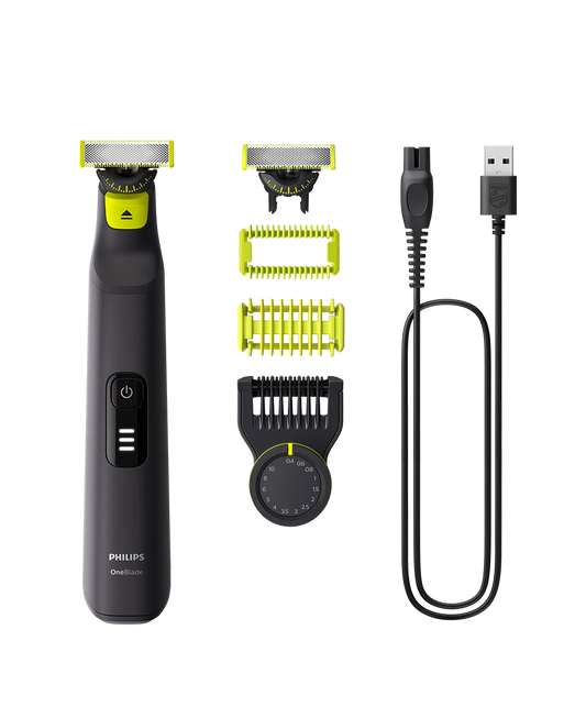 Philips OneBlade 360 grooming kit with trimmer, attachments, and USB cable on a white background