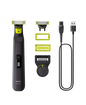Philips OneBlade 360 grooming kit with trimmer, attachments, and USB cable on a white background