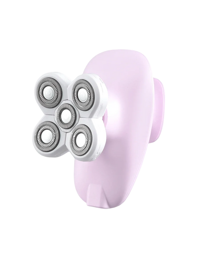 A light pink electric shaver with four white and silver circular shaving heads, shown on a solid white background.