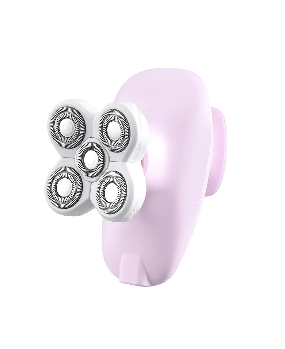 A light pink electric shaver with four white and silver circular shaving heads, shown on a solid white background.