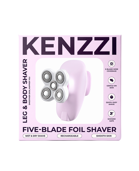 Kenzzi five-blade foil leg and body shaver in its retail packaging, featuring a light pink box with product details and an illustration of the lavender-colored shaver.