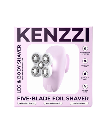 Kenzzi five-blade foil leg and body shaver in its retail packaging, featuring a light pink box with product details and an illustration of the lavender-colored shaver.