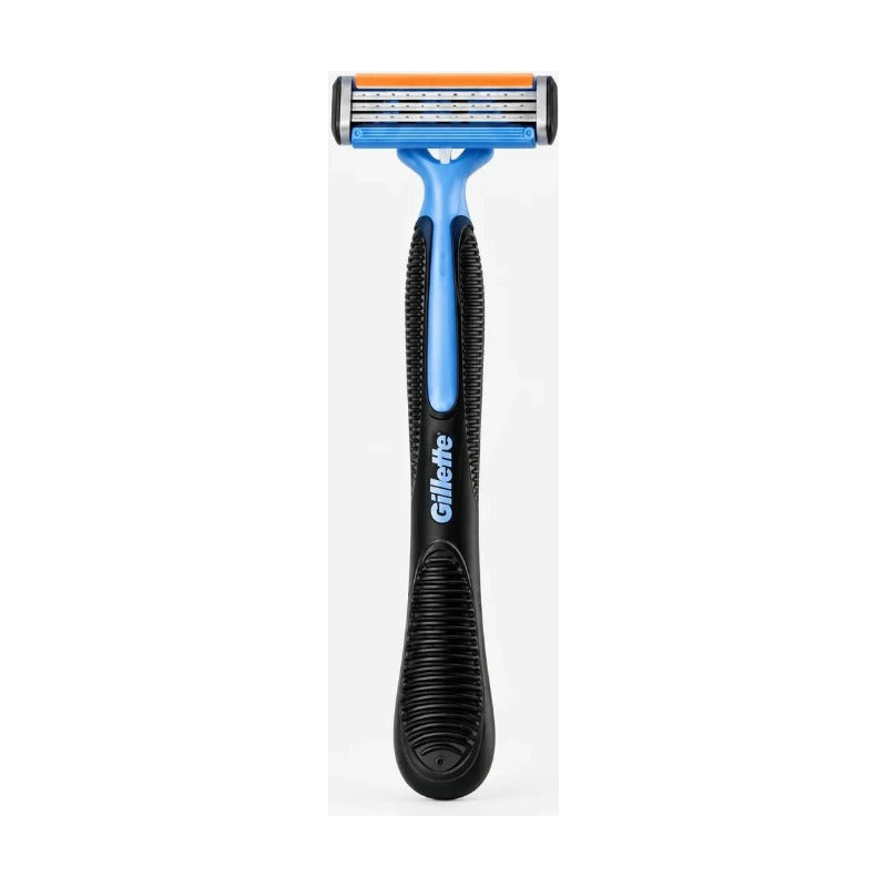 Gillette men's shaving razor with a black and blue handle and an orange and blue multi-blade head, shown on a light gray background.